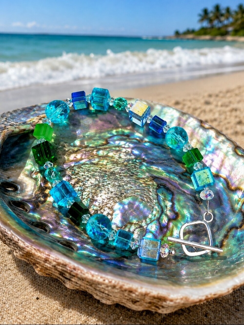 Cube Crystal Glass Ocean Blue Azure Green Faceted AB Signed 925 Toggle Bracelet